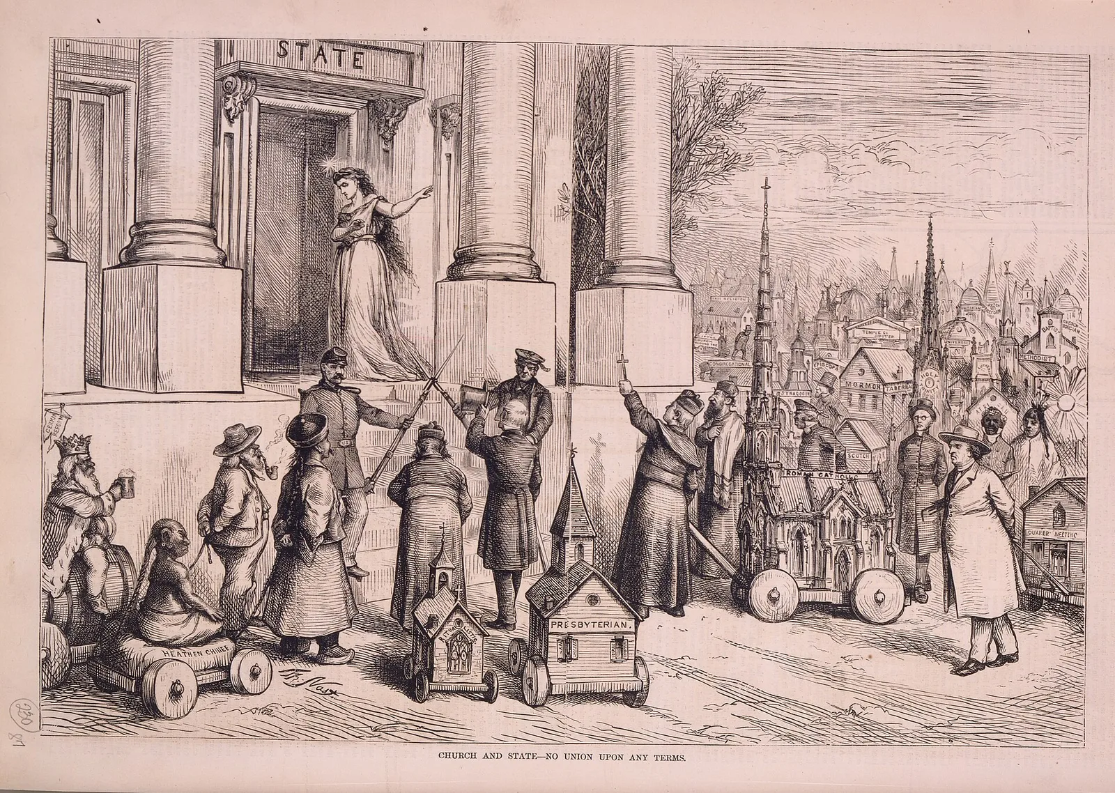 Thomas Nast cartoon titled Church and State, No Union upon any terms, from the 1870s debate over public funding of religious schools