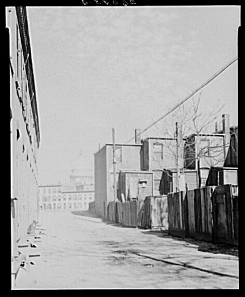 Rowhouses in an alley in the Southwest section of Washington, D.C., photographed by Arthur Rothstein for the Farm Security Administration in November 1937. Much of this neighborhood was condemned and demolished under the urban renewal program the Supreme Court upheld in Berman v. Parker (1954).