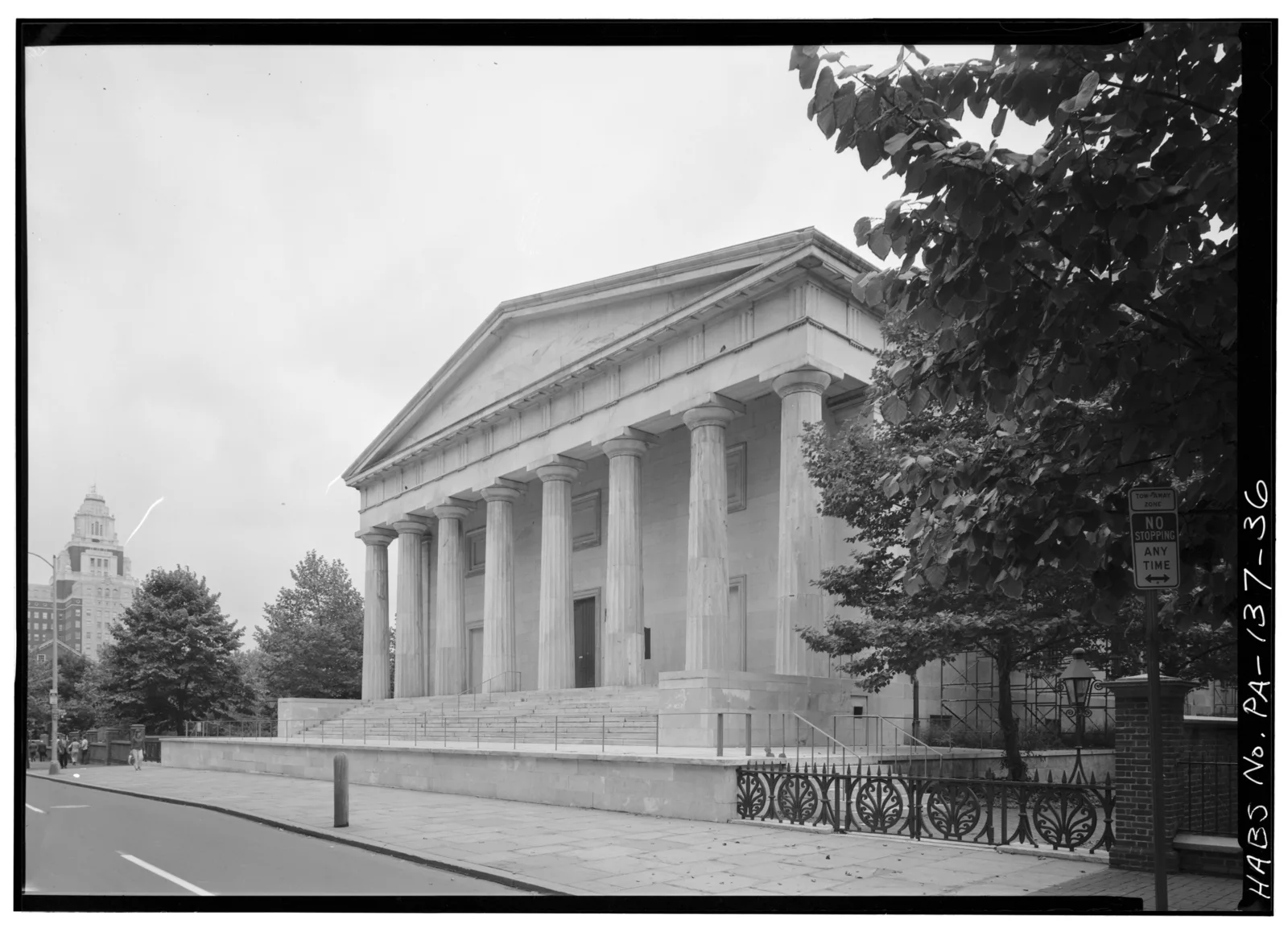 The Second Bank of the United States in Philadelphia, a Greek Revival marble building with a columned portico, photographed for the Historic American Buildings Survey