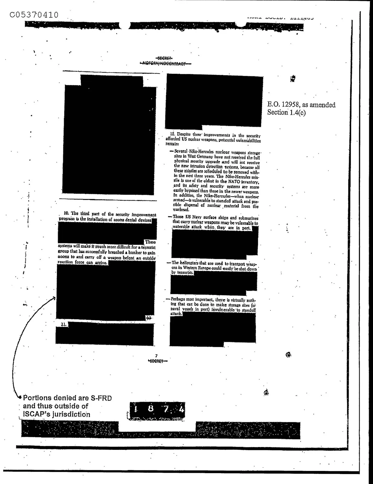 A declassified CIA document with multiple paragraphs blacked out under redaction, showing the visible marking 'Portions denied are S-FRD and thus outside of ISCAP's jurisdiction'