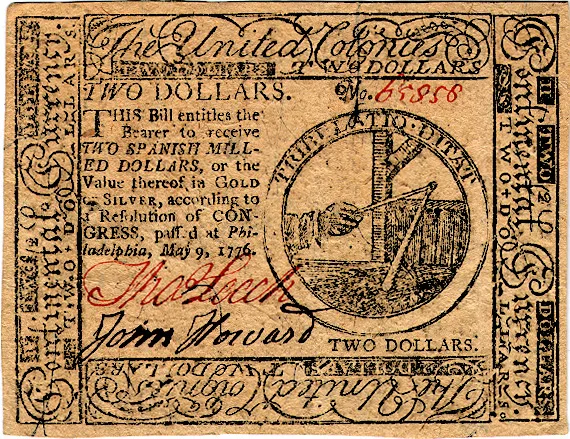The front of a 1776 two-dollar Continental Currency note issued by the Continental Congress to finance the Revolutionary War, printed with ornate scrollwork and a Latin motto.