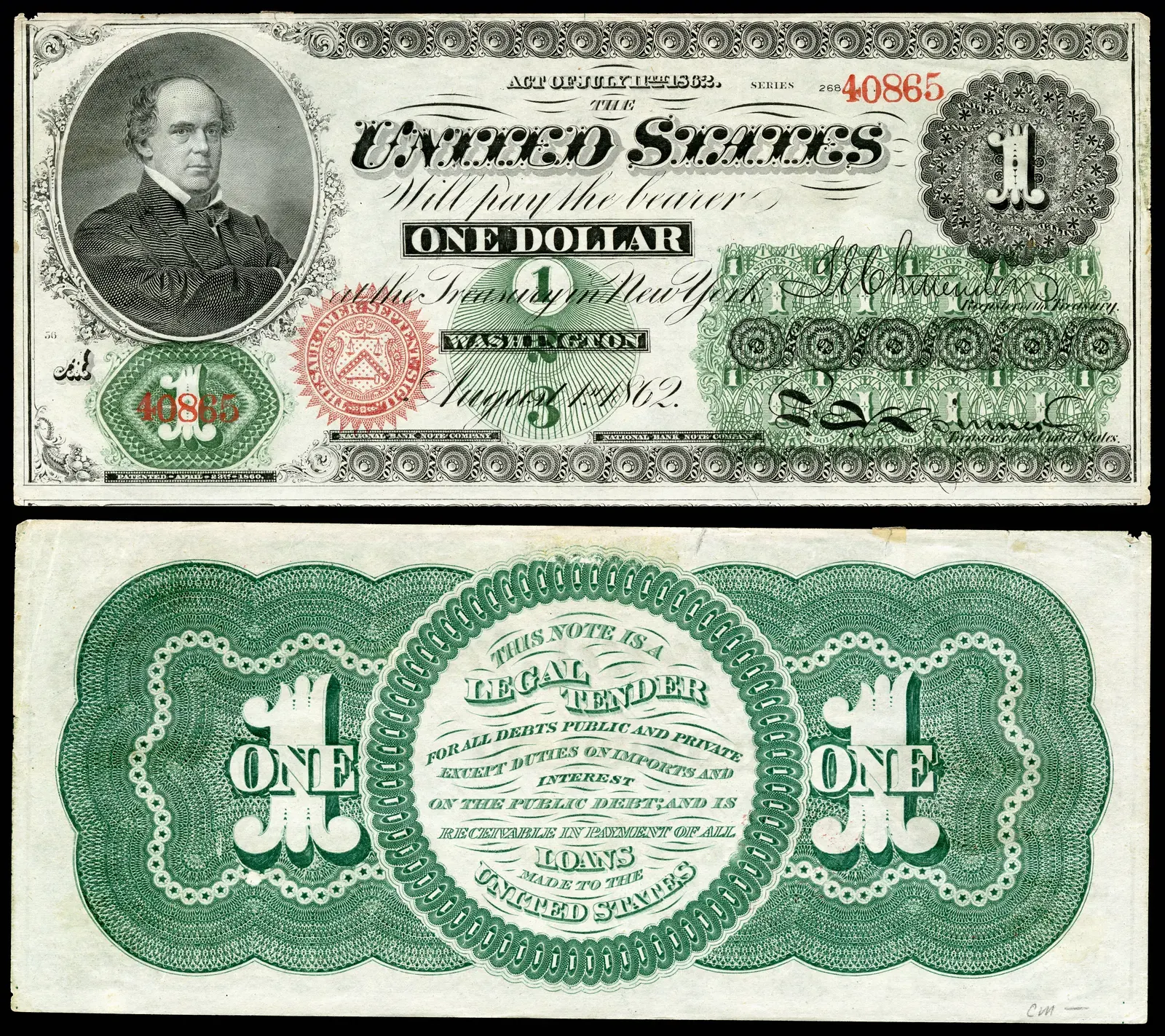Close-up of the front of an 1862 one-dollar United States Note, the original 'greenback,' featuring an engraved portrait and ornate green ink lettering.