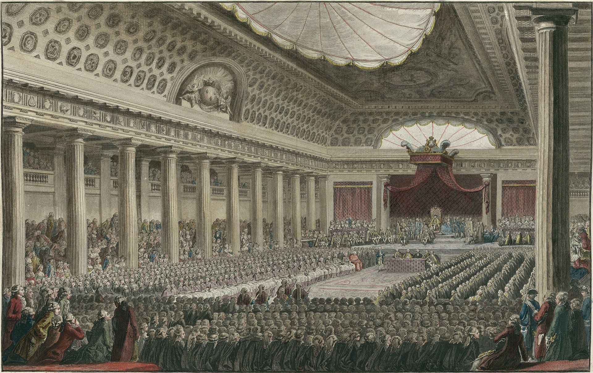 Illustration of the French National Assembly in session, 1789, showing deputies seated on left and right sides