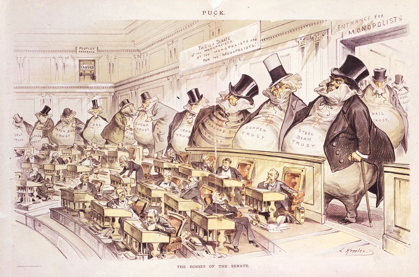 The Bosses of the Senate, an 1889 political cartoon by Joseph Keppler published in Puck magazine, depicting giant money bags labeled with industrial trusts and monopolies looming over small senators at their desks in the Senate chamber, beneath the motto This is the Senate of the Monopolists, by the Monopolists, and for the Monopolists.