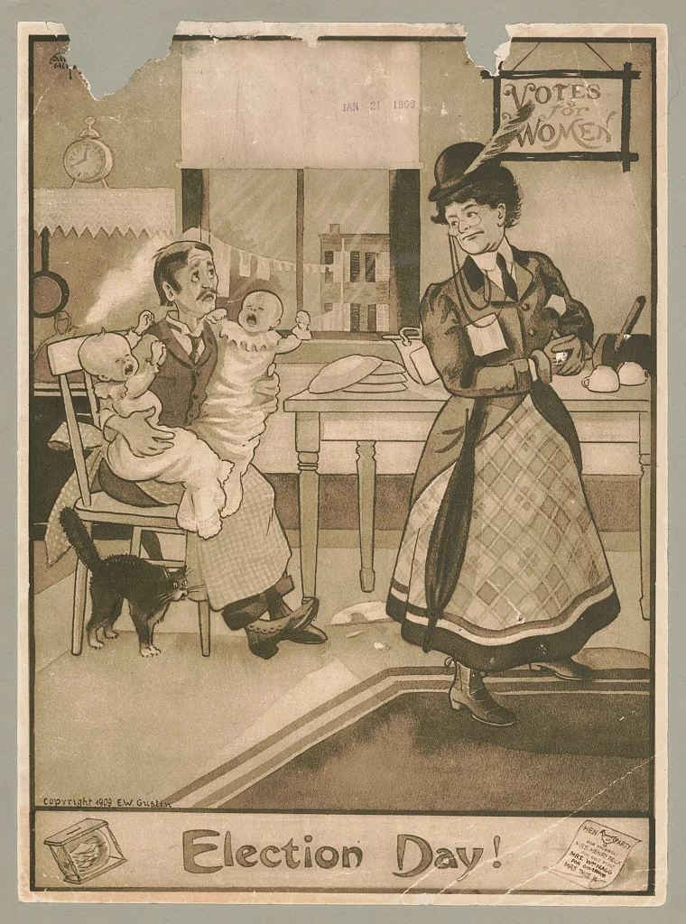 A 1909 magazine illustration of a dense, jostling crowd of citizens pressing toward the polls, captioned Election Day