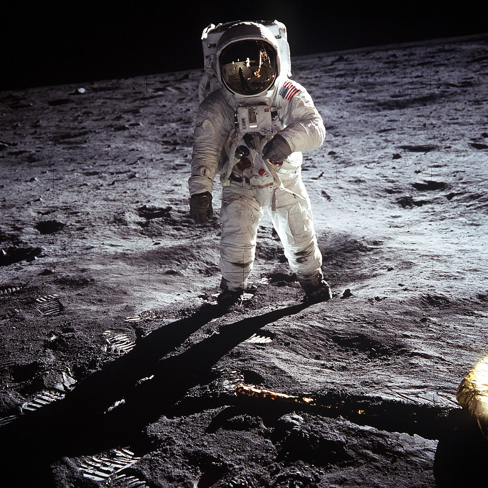 Apollo 11 astronaut Buzz Aldrin standing on the lunar surface, photographed by Neil Armstrong