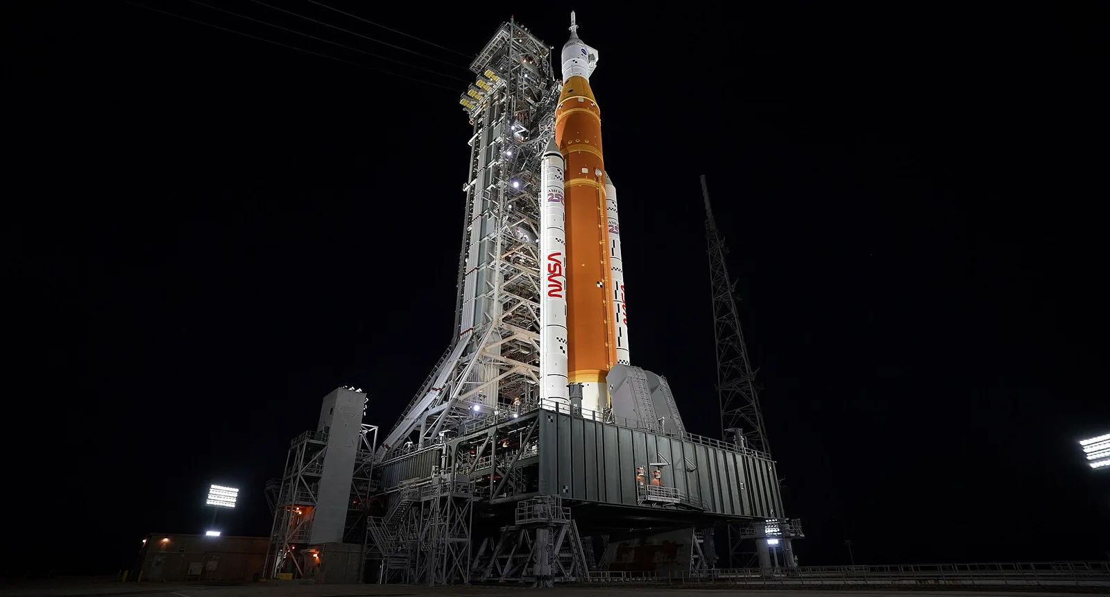 NASA's Space Launch System rocket and Orion spacecraft on the launch pad at Kennedy Space Center