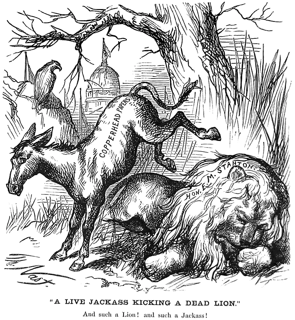 Thomas Nast's 1870 Harper's Weekly cartoon A Live Jackass Kicking a Dead Lion, an early use of the donkey as a symbol of the Democratic Party