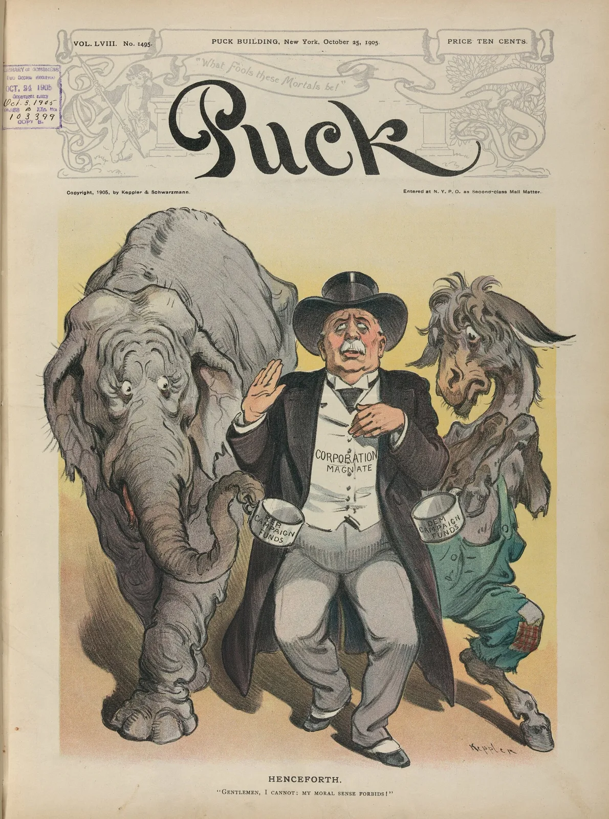 A 1905 Puck magazine cover showing the Republican elephant and the Democratic donkey, the two party symbols