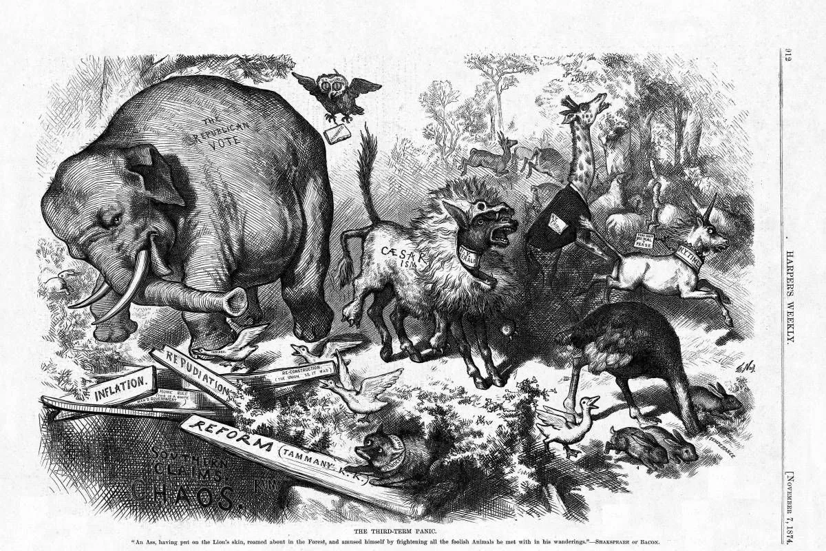 Thomas Nast's 1874 Harper's Weekly cartoon The Third-Term Panic, the first use of the elephant as a symbol of the Republican Party