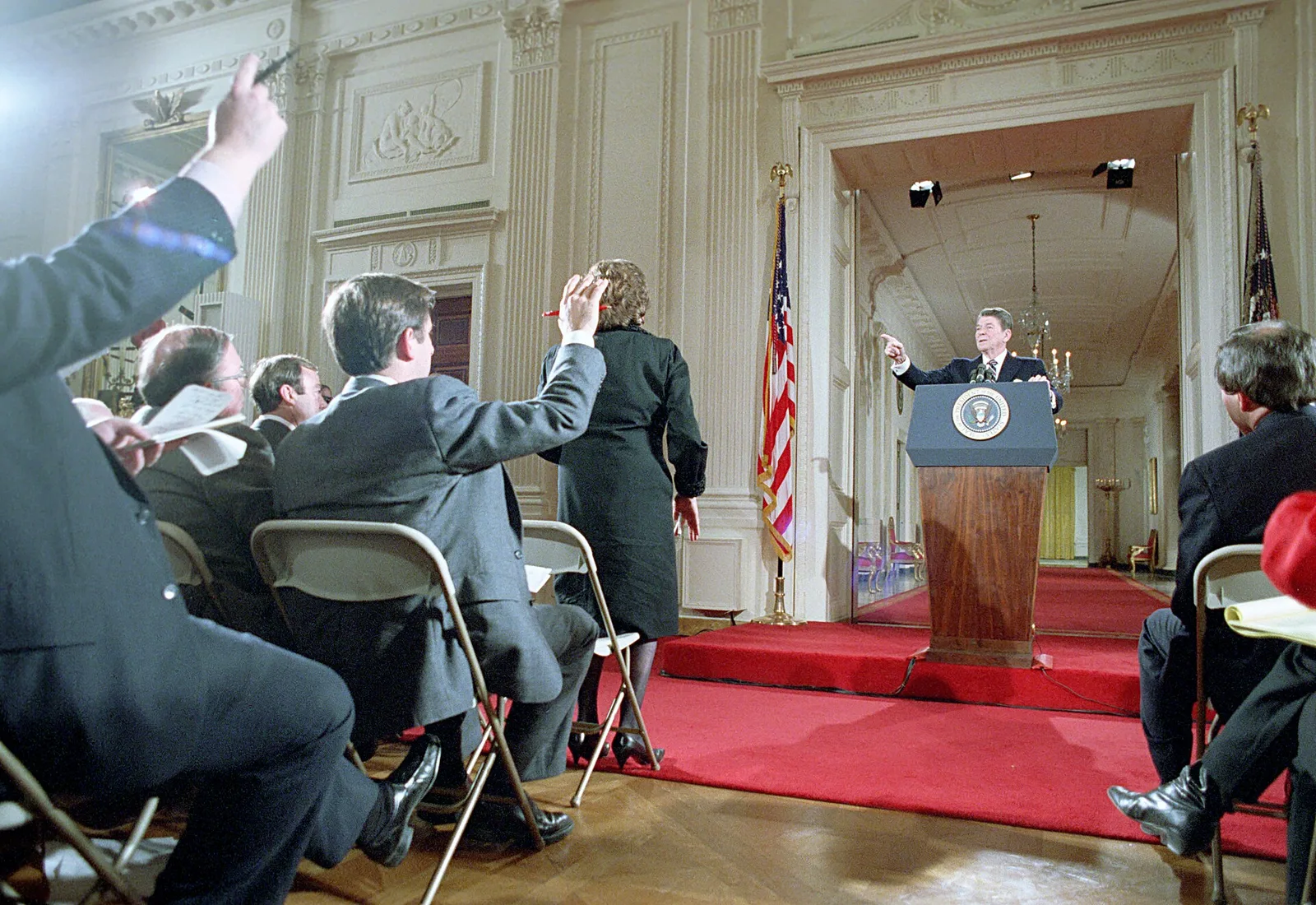 President Ronald Reagan delivering remarks at the White House