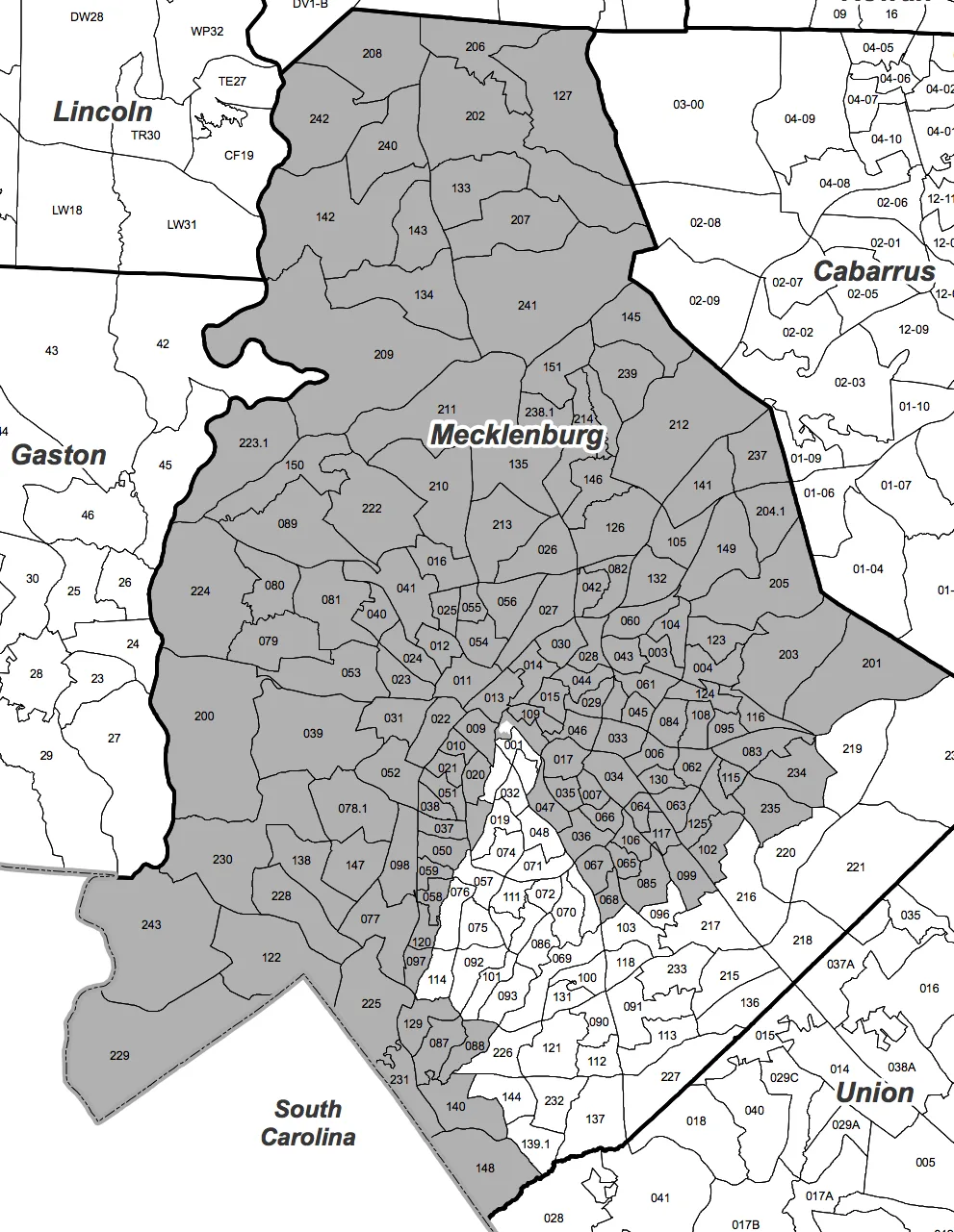 Map outline of North Carolina's 12th Congressional District, an extremely narrow, elongated shape stretching across the state