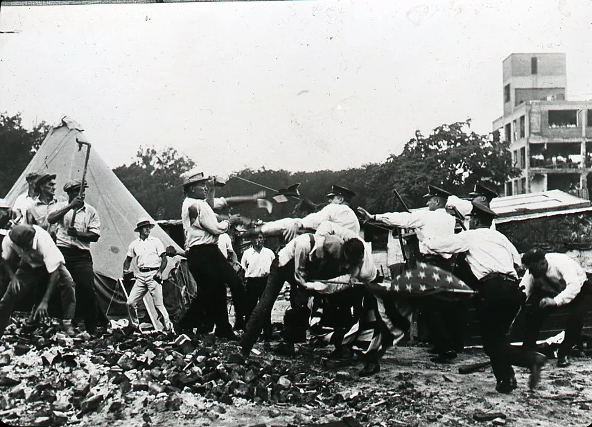 Police line facing protesters during a demonstration
