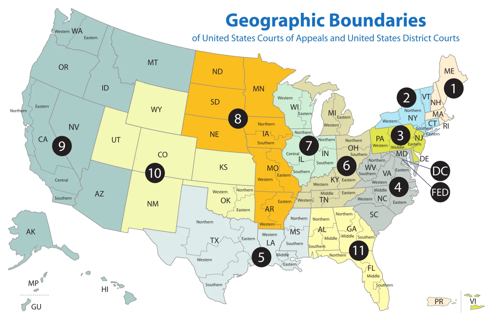 Map of the 13 federal judicial circuits and their district court boundaries