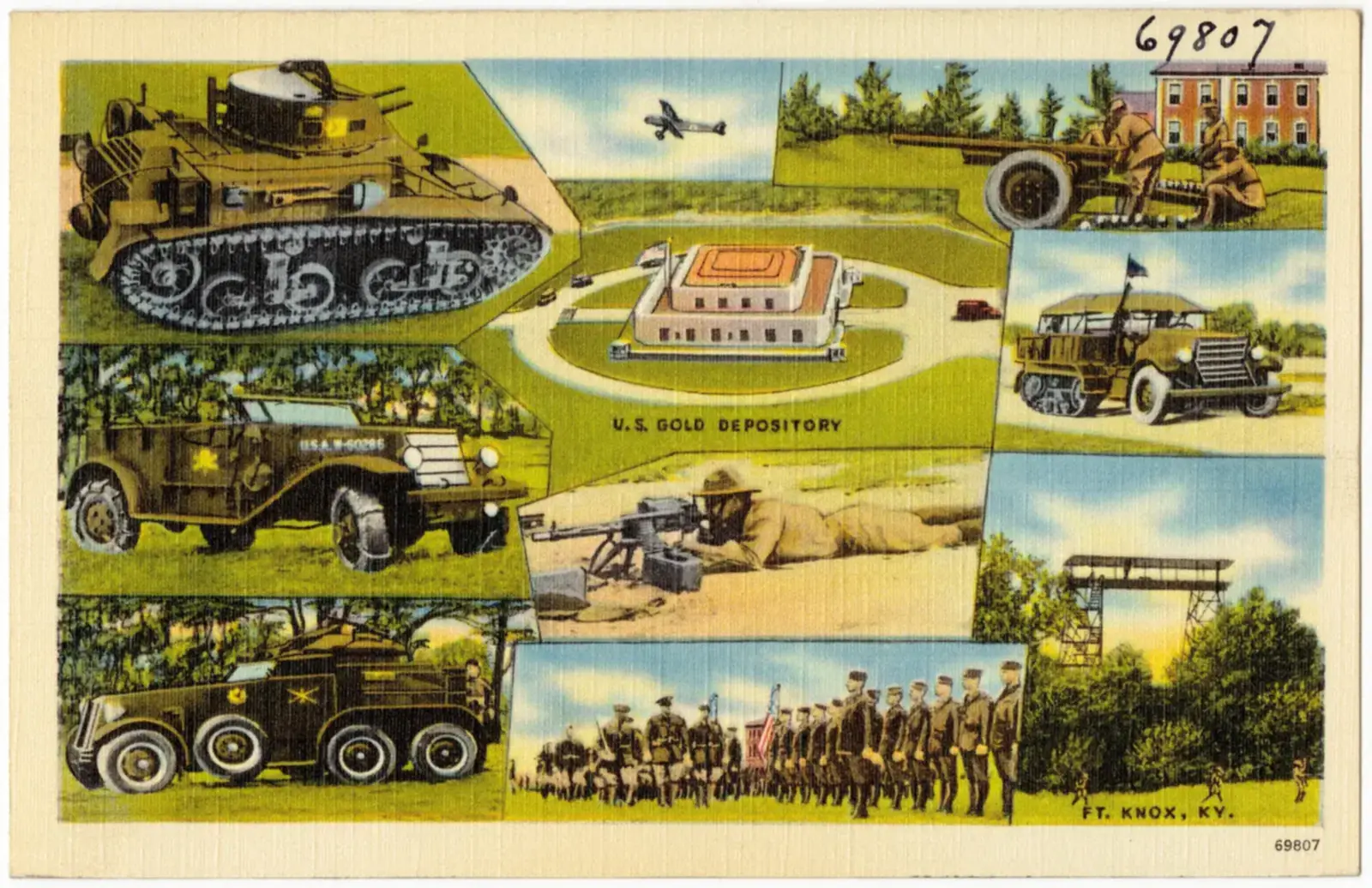 Postal antigua con escenas de la vida militar en Fort Knox hacia 1940: tanques, carros blindados, soldados formados, un ametrallador y, en el centro, el Depósito de Oro de EE. UU.