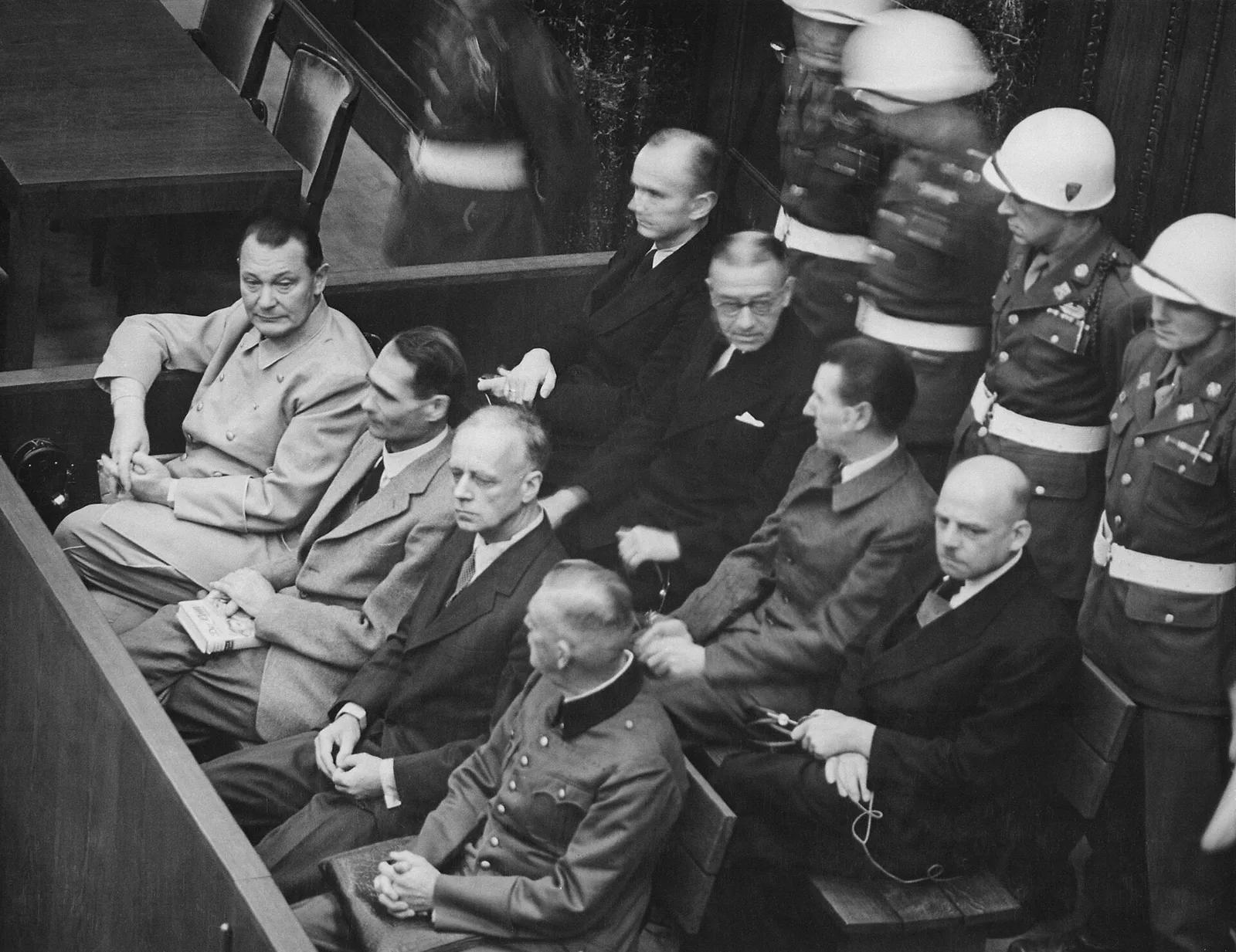 A packed courtroom at the Palace of Justice in Nuremberg, Germany during the war crimes trials