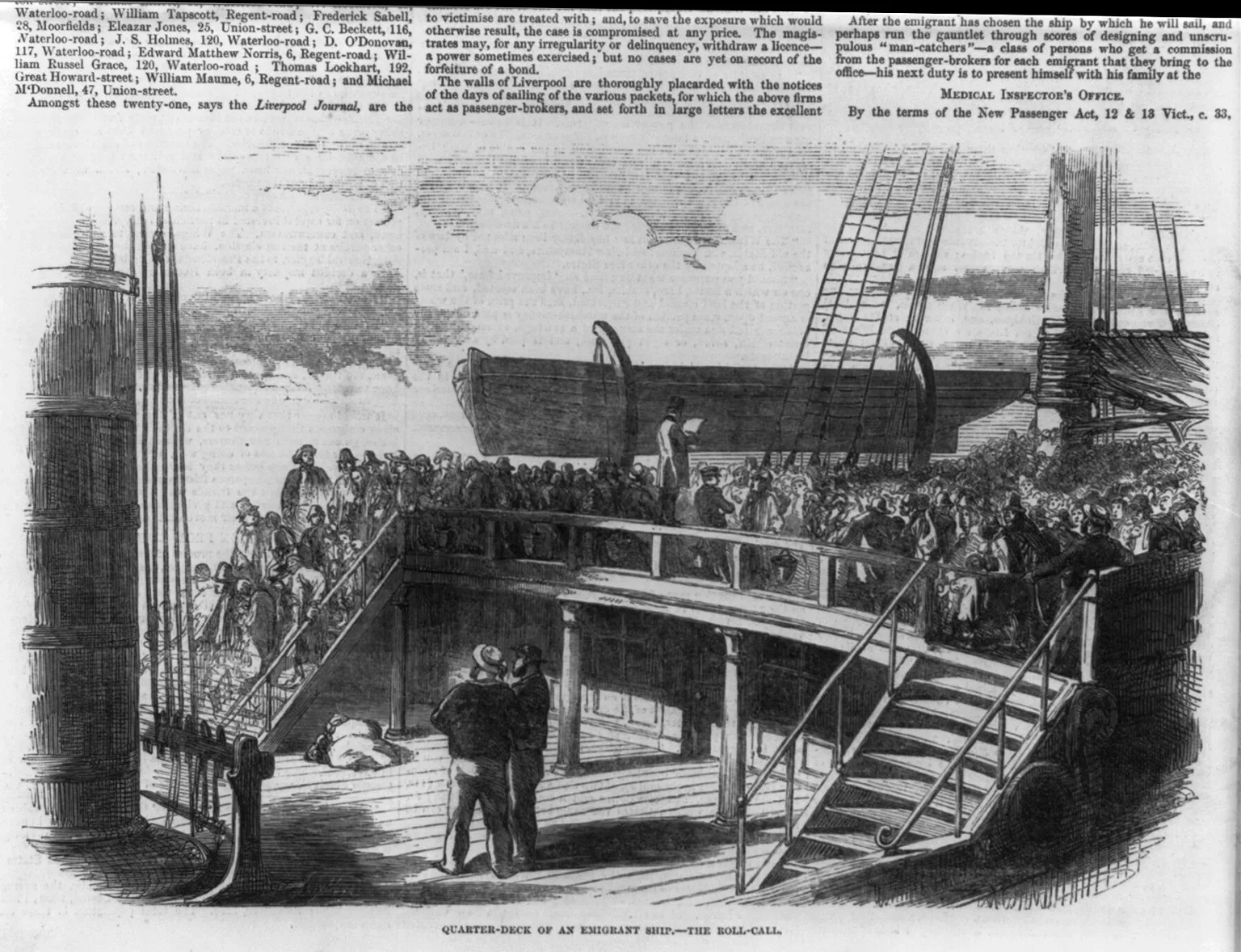 A nineteenth-century wood engraving of emigrants gathered on the quarter-deck of an emigrant ship for the roll call