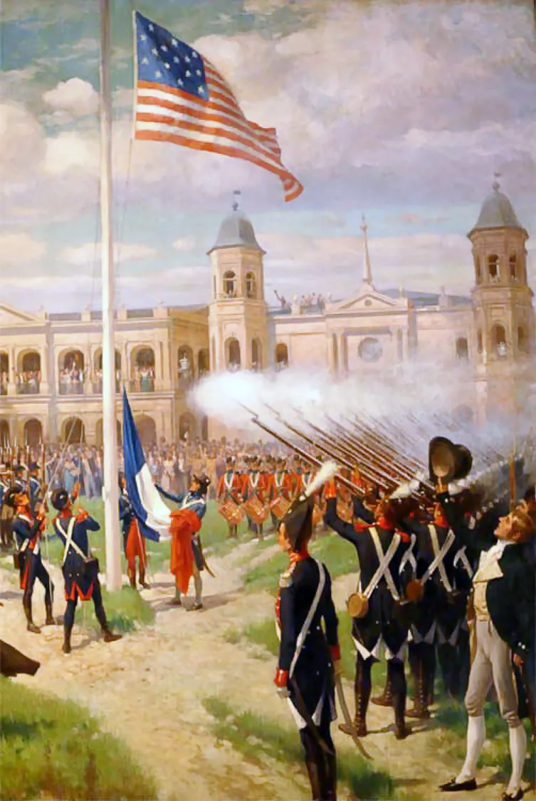 Thure de Thulstrup painting of the American flag being raised over the main square of New Orleans on December 20, 1803, as the French flag is lowered, troops fire a salute, and crowds watch from the balconies of the Cabildo