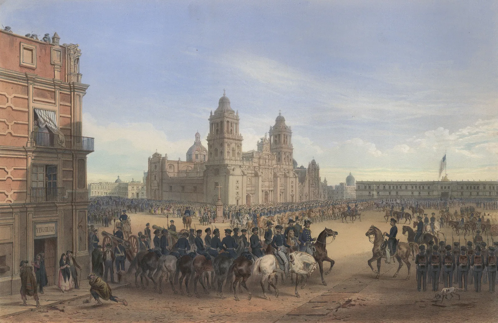 Nineteenth-century lithograph of General Winfield Scott and his mounted staff entering the main plaza of Mexico City in September 1847, with the cathedral behind them and U.S. troops lined up in the square