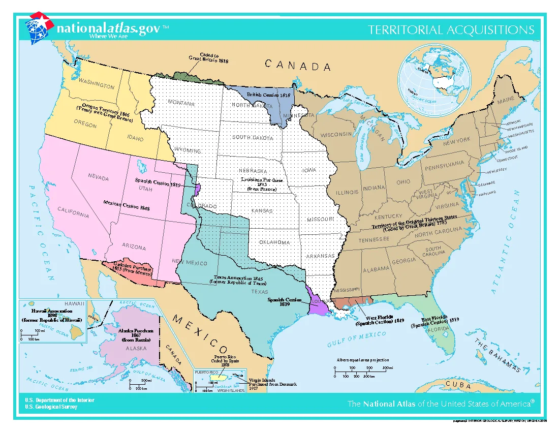 National Atlas map of U.S. territorial acquisitions, showing the Mexican Cession of 1848 across California, Nevada, Utah, Arizona, and parts of New Mexico, Colorado, and Wyoming, the Texas Annexation of 1845, and the 1853 Gadsden Purchase