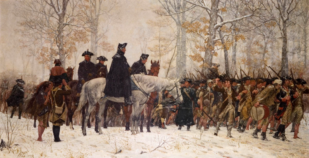 Continental soldiers at Valley Forge in winter
