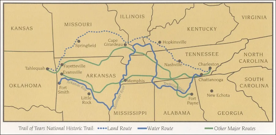 National Park Service map of the Trail of Tears National Historic Trail routes from the southeastern United States to Oklahoma