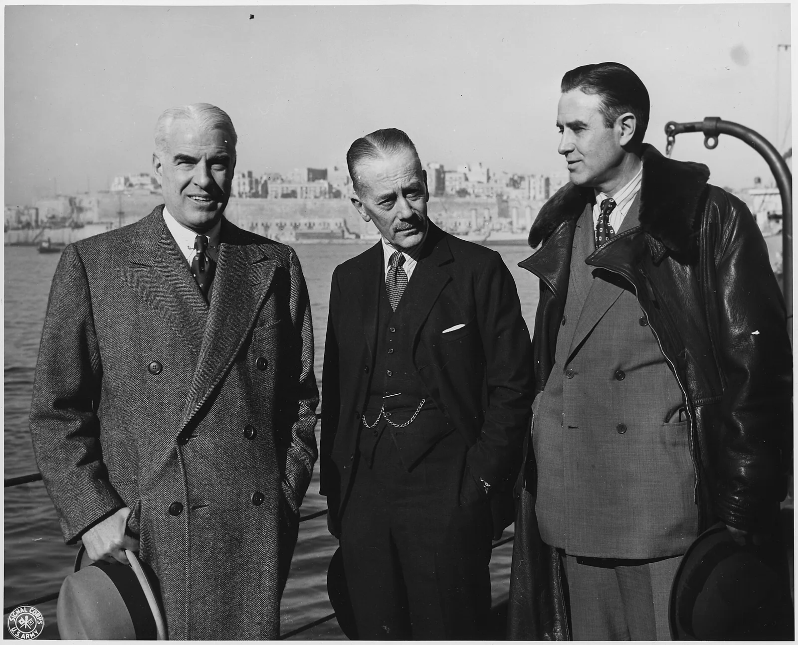 Secretary of State Edward Stettinius with Britain's Sir Alexander Cadogan and U.S. Ambassador W. Averell Harriman, 1945