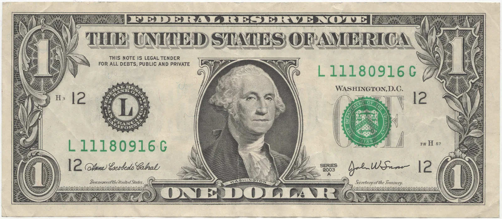 The front of a United States one-dollar bill