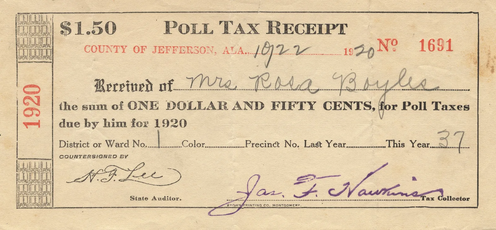 Historic poll tax receipt from the American South
