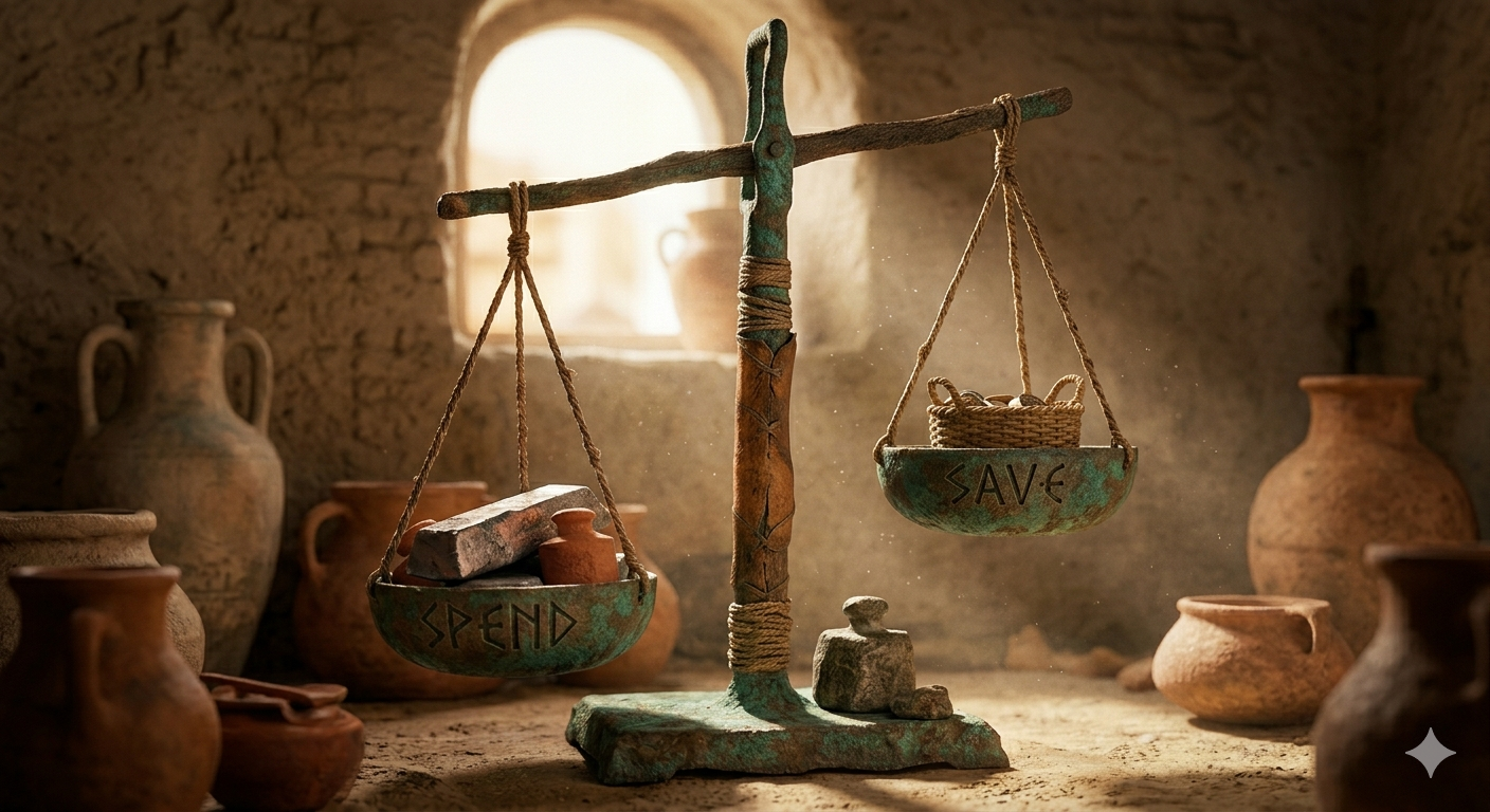Ancient Roman scale balancing money bags labeled 'Save' and 'Spend'