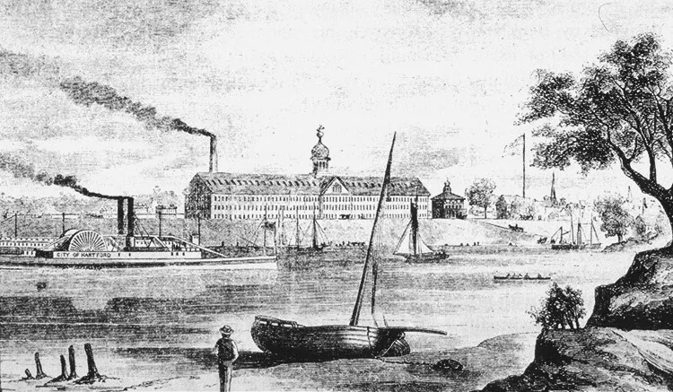 The Colt Firearms factory and its landmark blue onion dome in Hartford, Connecticut, where Samuel Colt pioneered interchangeable parts manufacturing in the 1840s and transformed American industry
