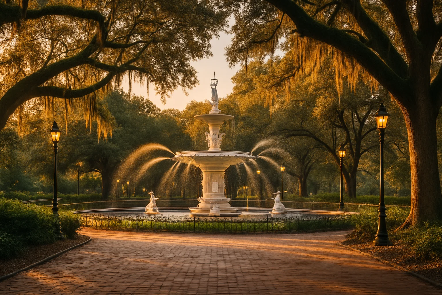 Spanish moss-draped live oaks surrounding the Forsyth Park fountain in Savannah, Georgia