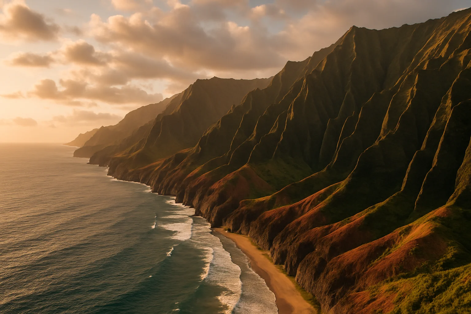 Dramatic sea cliffs of the Na Pali Coast rising above the Pacific Ocean, Kauai, Hawaii
