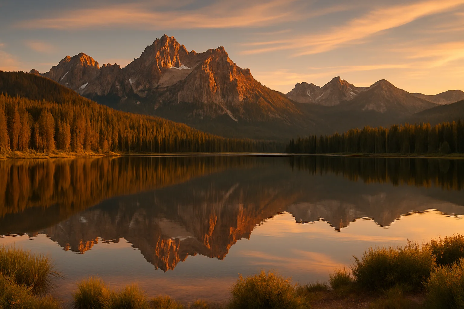 Jagged Sawtooth Mountain peaks reflected in a high alpine lake in central Idaho