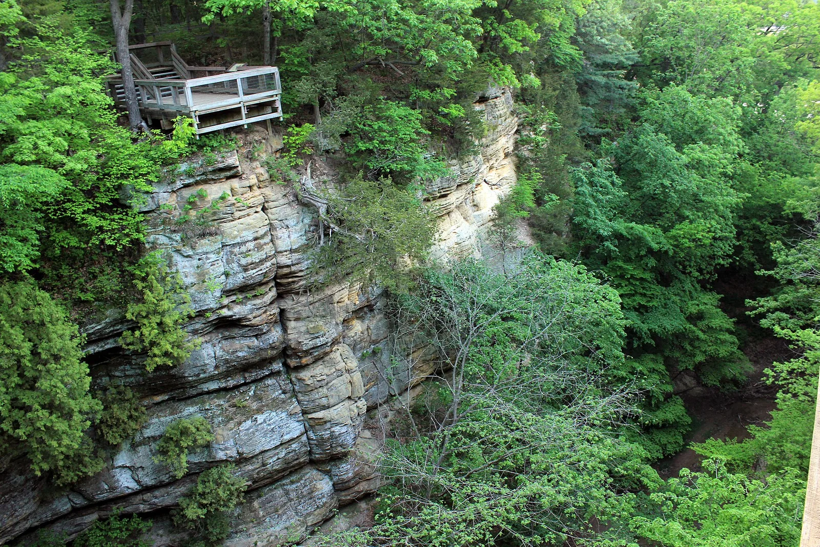 Sandstone canyon walls with frozen waterfall at Starved Rock State Park, Illinois