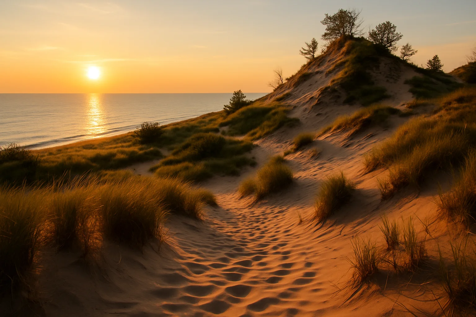 Sand dunes and Lake Michigan shoreline at Indiana Dunes National Park, northwest Indiana
