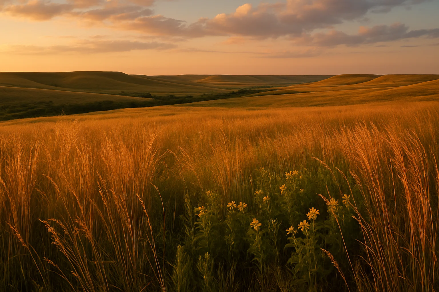 Rolling tallgrass prairie and limestone hills at Tallgrass Prairie National Preserve, Flint Hills, Kansas