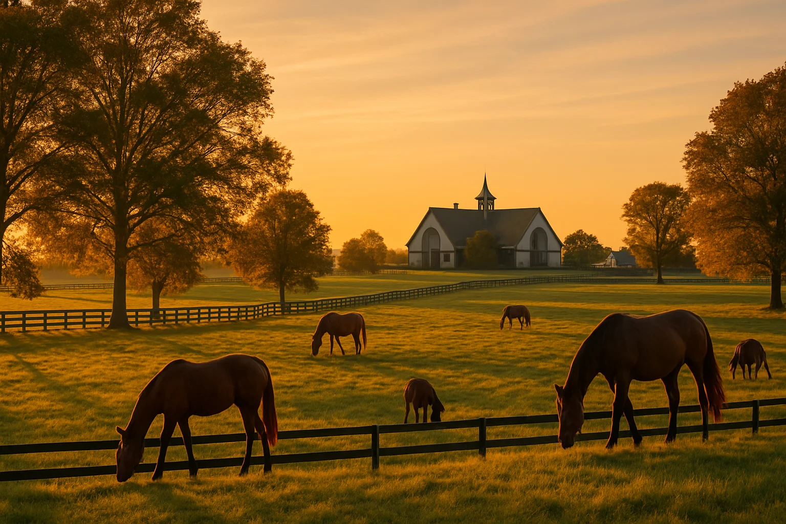 Thoroughbred horses grazing on a Kentucky Bluegrass farm with white fences