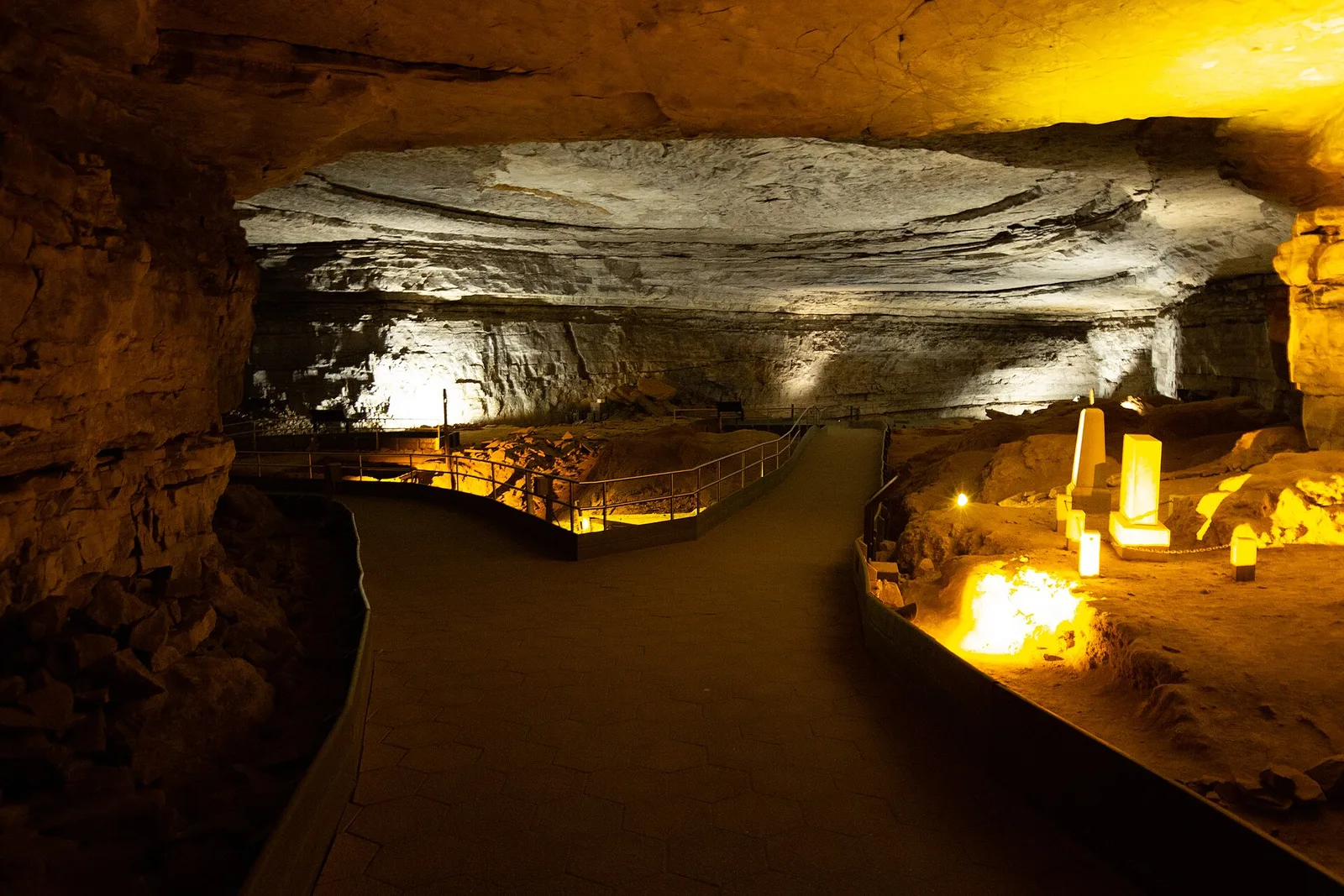 The Rotunda, a vast lit chamber inside Mammoth Cave in Mammoth Cave National Park, Kentucky