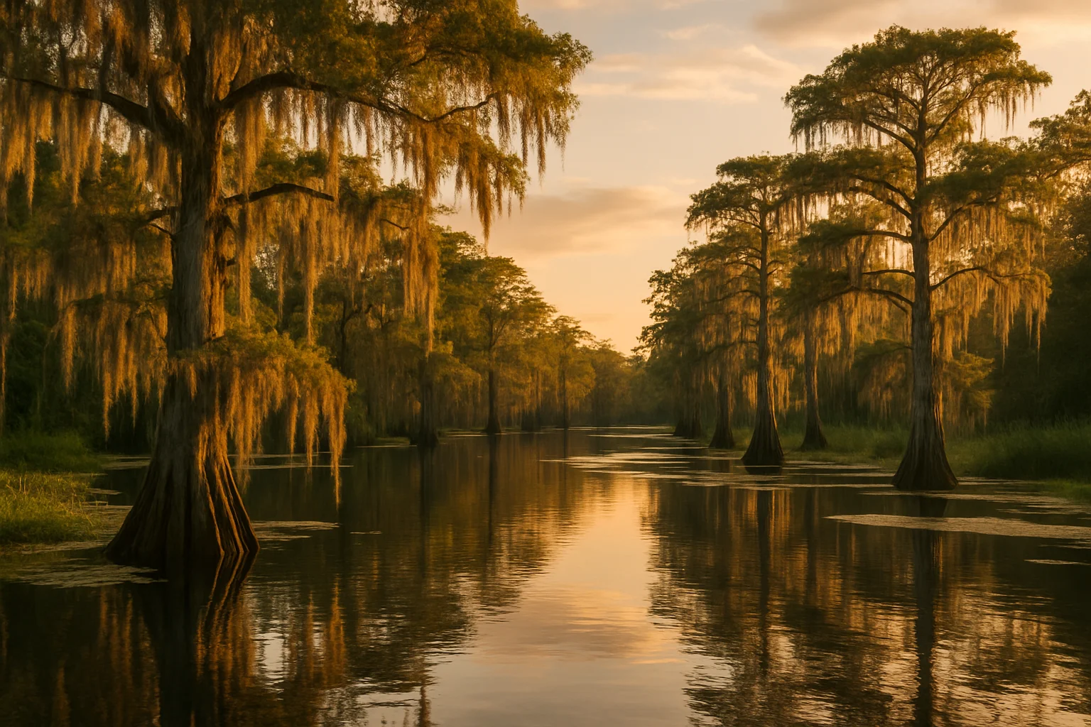 Spanish moss-draped cypress trees reflected in a Louisiana bayou