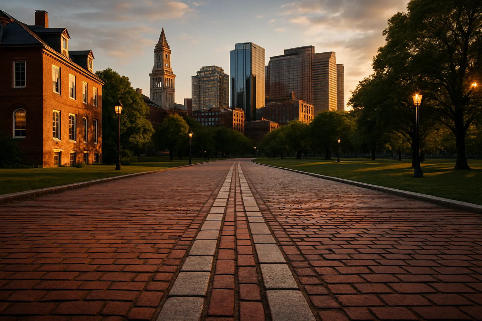 The red-brick Freedom Trail winding through Boston's historic downtown past colonial-era landmarks