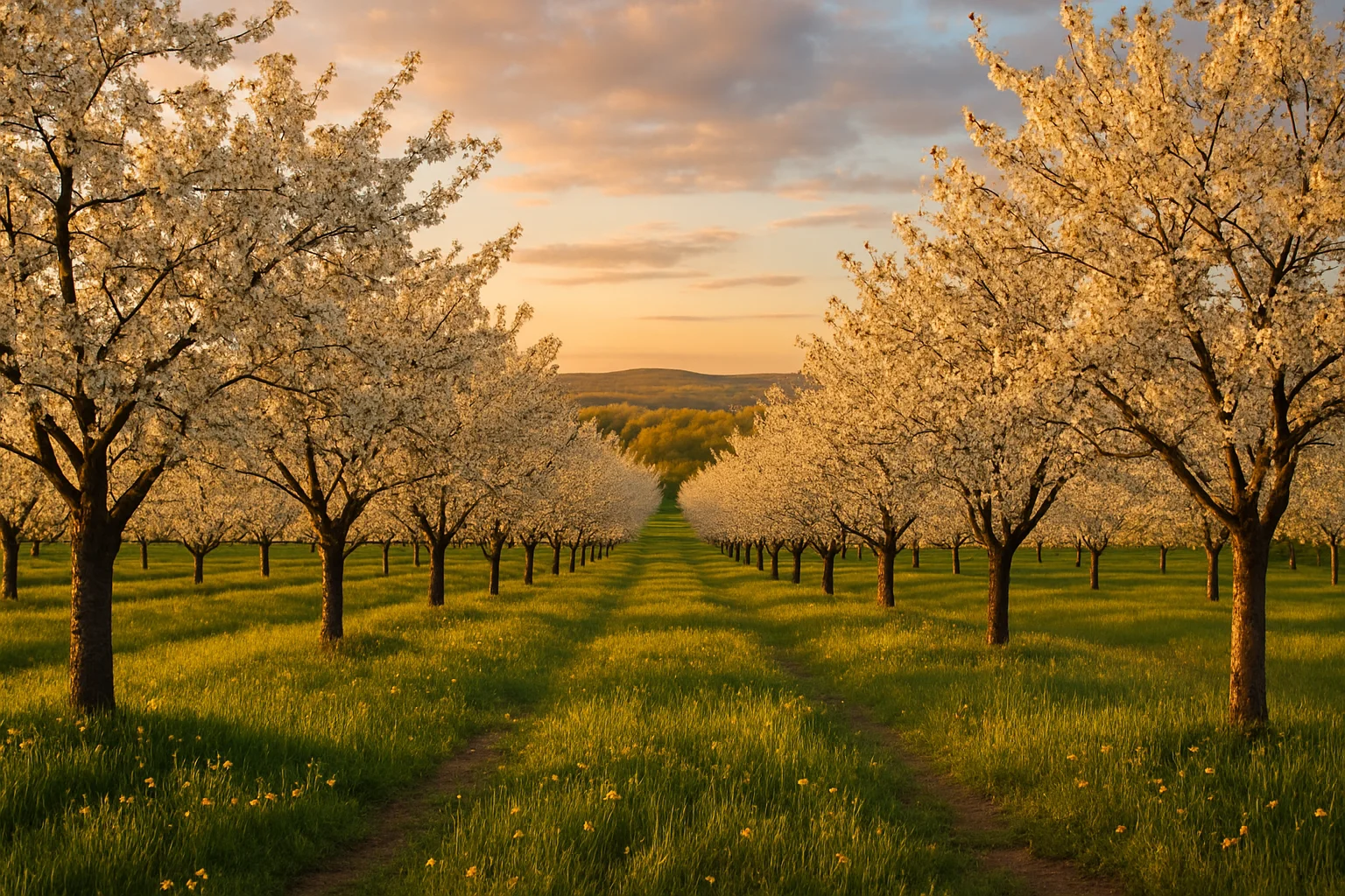 Cherry orchards in full bloom near Traverse City, Michigan, with Grand Traverse Bay in the distance