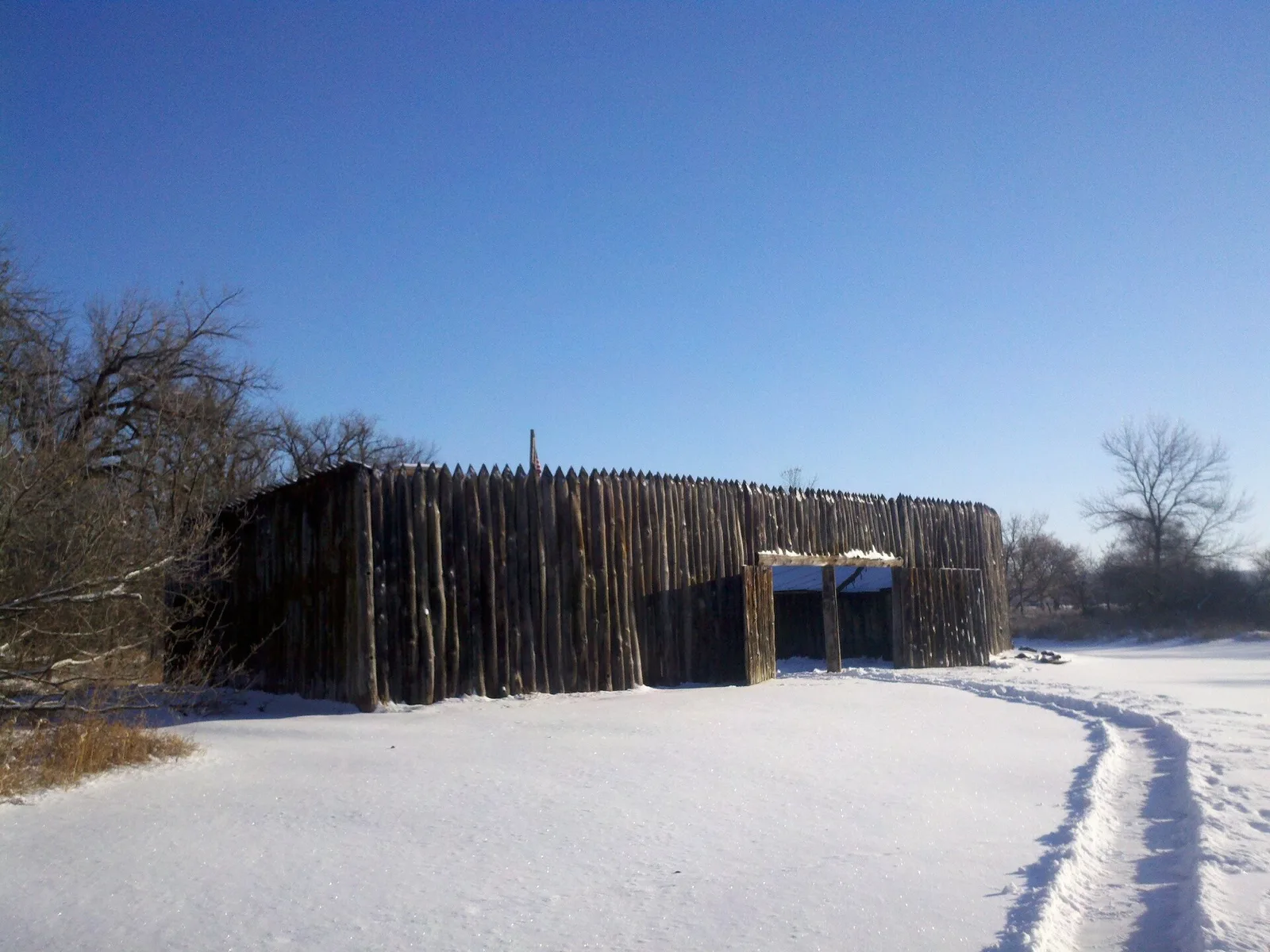 A reconstruction of Fort Mandan near Washburn, North Dakota, where Lewis and Clark wintered in 1804-1805 and met Sacagawea before continuing their journey to the Pacific