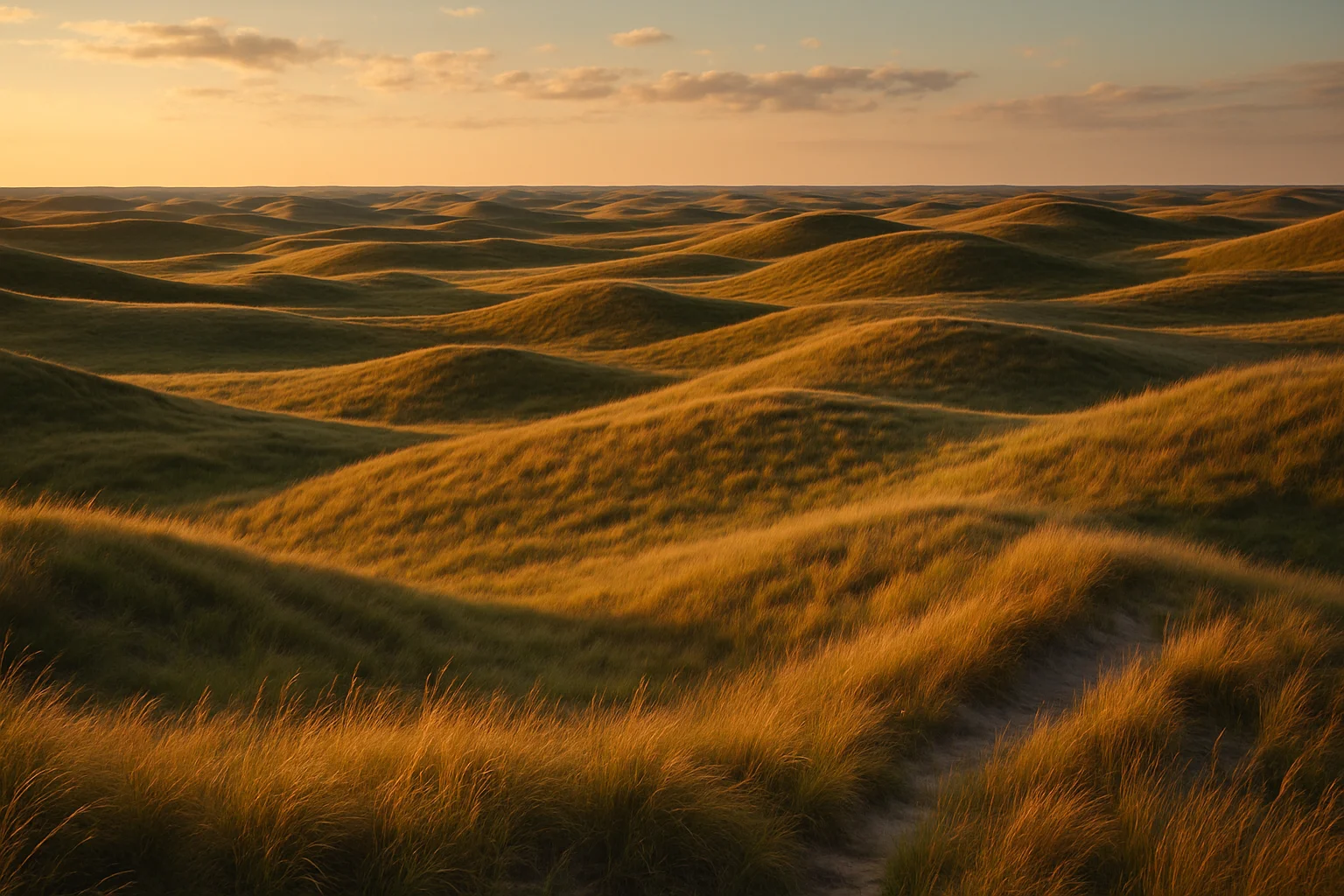 Rolling grass-covered sand dunes of the Nebraska Sandhills stretching to the horizon under a wide prairie sky