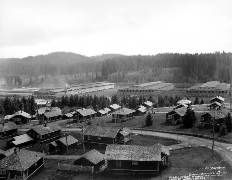 The planer mill and company mill houses of the Oregon-American Lumber Company at Vernonia, Oregon, around 1929