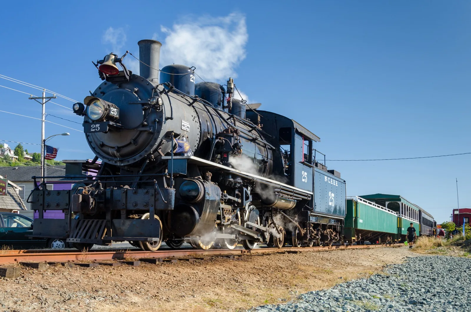 An excursion train at Rockaway Beach on the surviving coastal segment of the old Pacific Railway & Navigation line, now run for tourists by the Oregon Coast Scenic Railroad