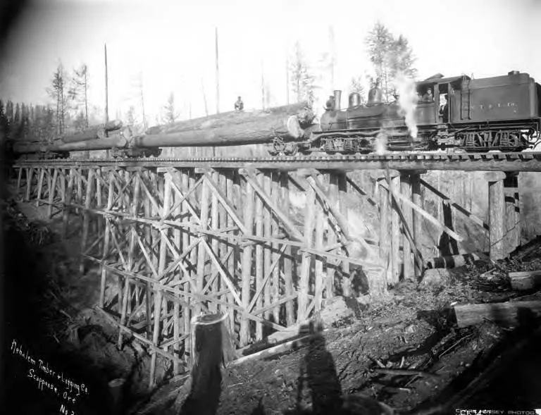 A geared Shay steam locomotive hauling log cars across a timber trestle near Scappoose, Oregon, around 1922, the kind of logging railroad operation the Portland & Southwestern ran on the corridor that is now the Crown Z Trail