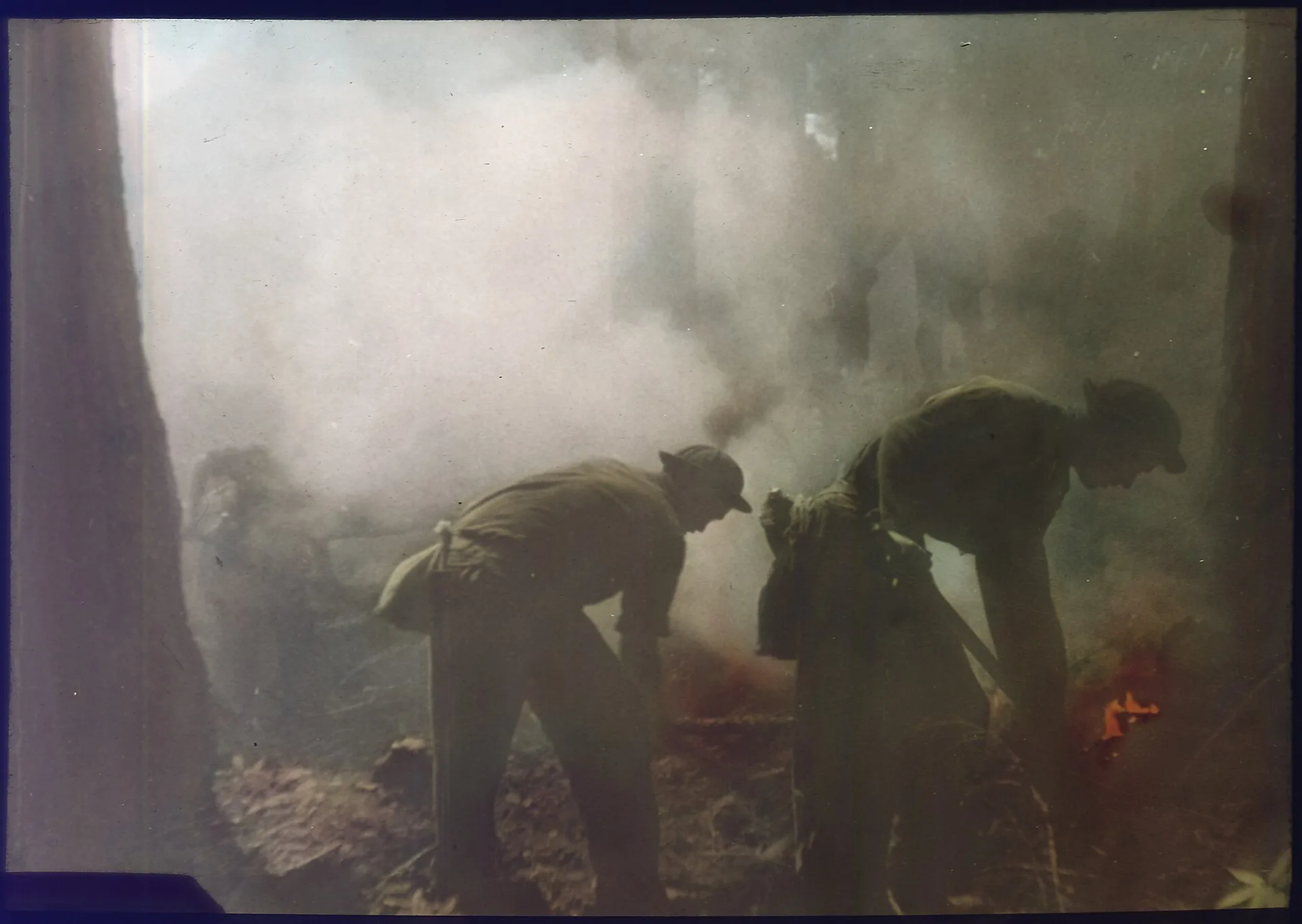Civilian firefighting crews working a fire line during the Tillamook Burn in the Oregon Coast Range in the 1930s, standing among burned and standing timber