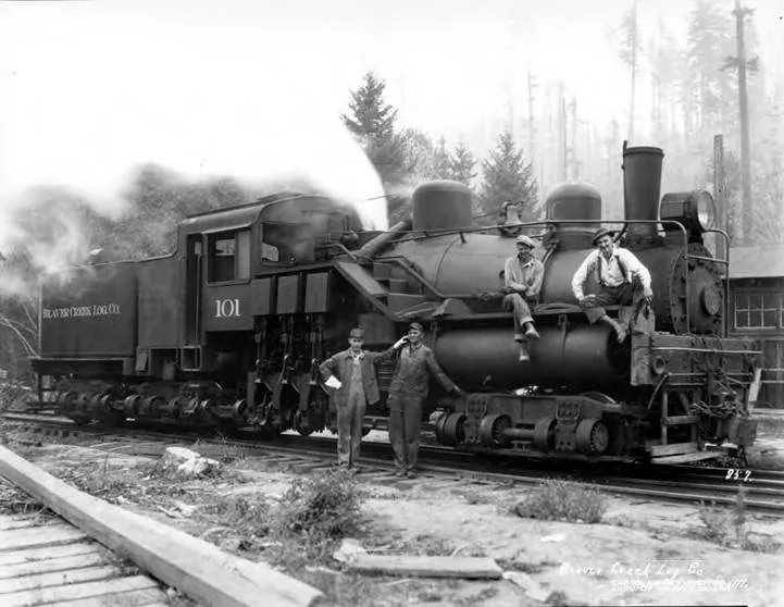 A geared Shay steam locomotive of the Beaver Creek Logging Company on the timber railroad near Vernonia, Oregon, around 1922
