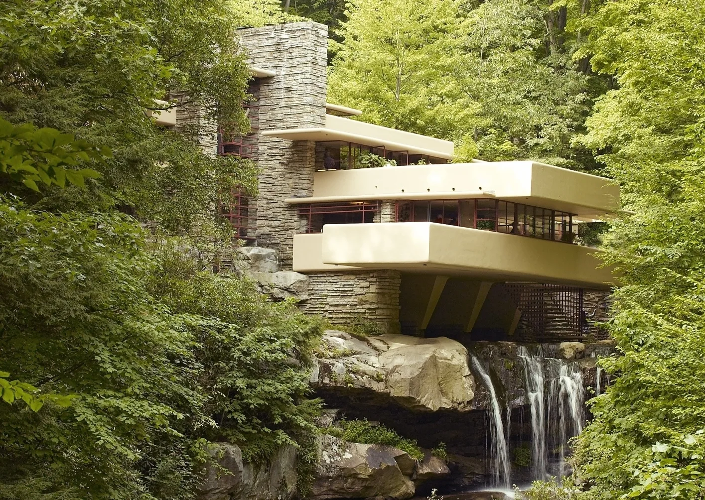 Fallingwater by Frank Lloyd Wright cantilevered over Bear Run waterfall in the Pennsylvania Laurel Highlands